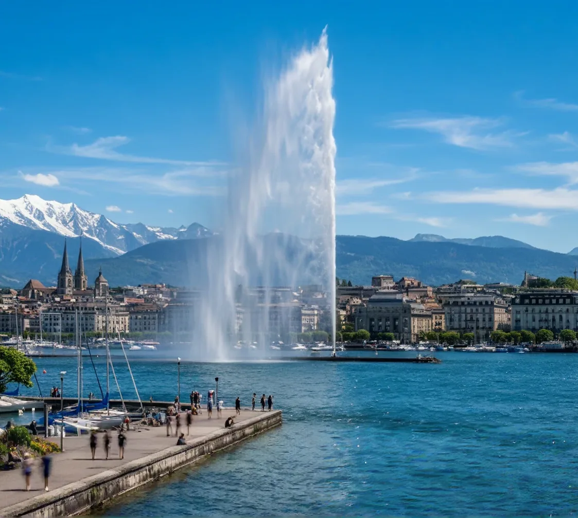 Le Jet d’eau dans la rade de Genève, avec la vieille ville et les Alpes en arrière-plan