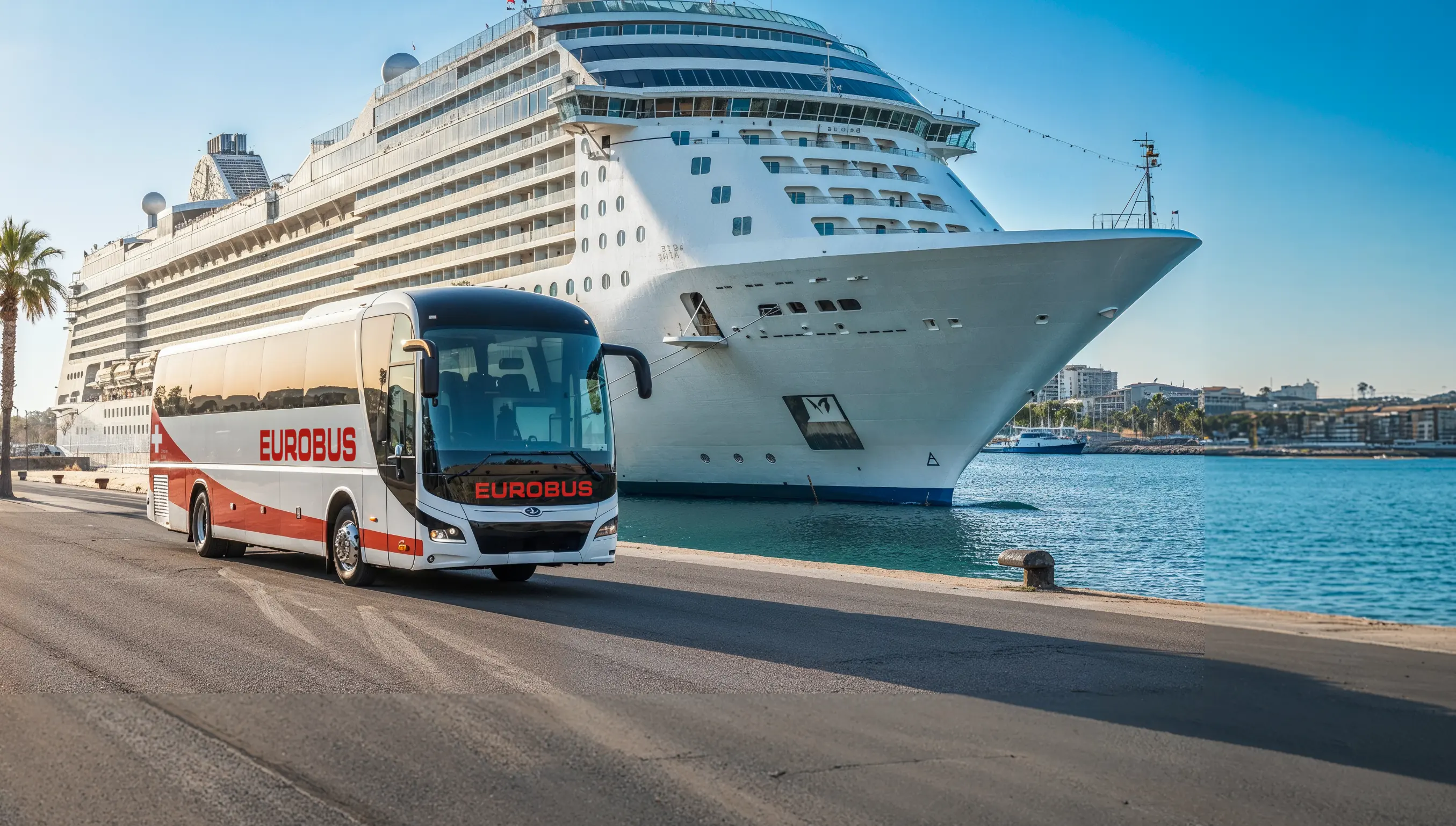 Un car EUROBUS stationné dans un port devant un navire de croisière