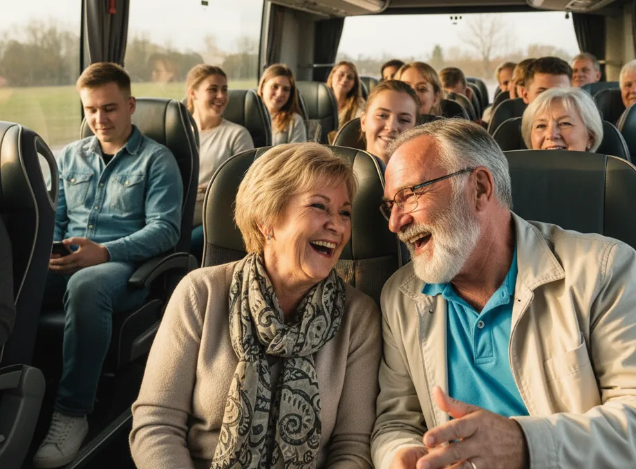 An older couple laughing in a coach, other passengers behind them