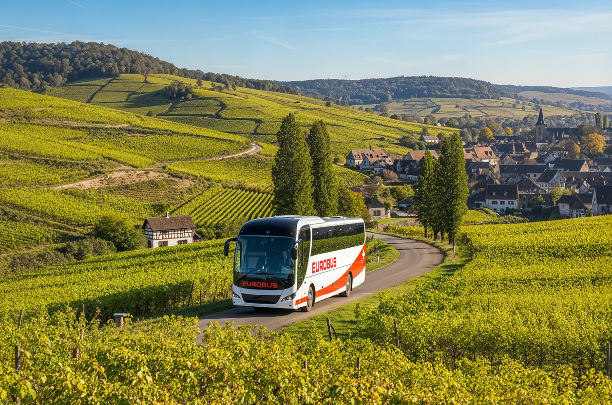 Ein EUROBUS Reisebus fährt durch herbstliche Weinberge