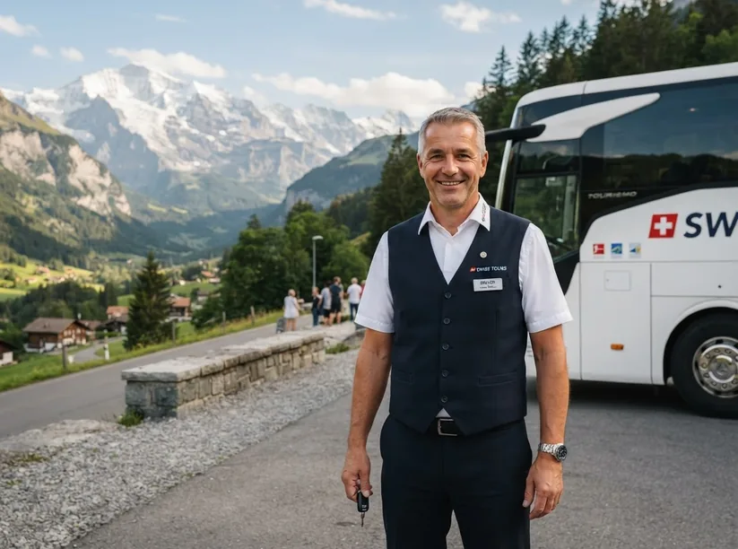 A driver stands in front of his coach in the mountains