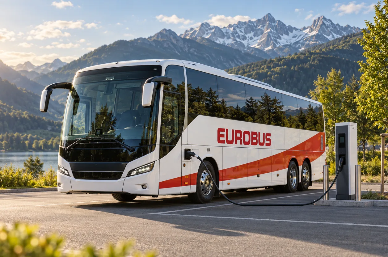 A EUROBUS coach charges at a charging point against a mountain backdrop