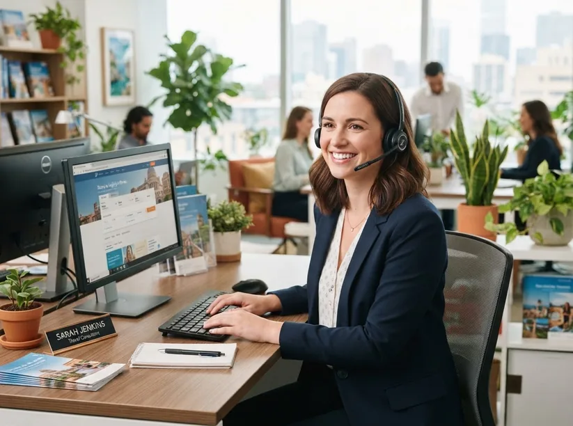 A travel consultant with a headset works at a screen