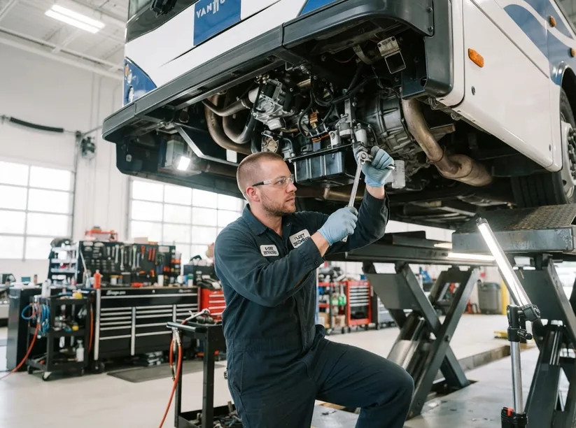 A mechanic works under a raised coach