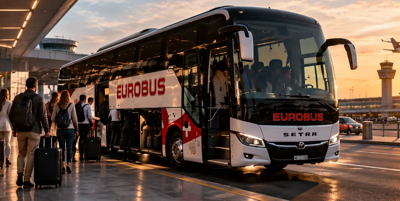 Travellers with suitcases board a EUROBUS coach at an airport