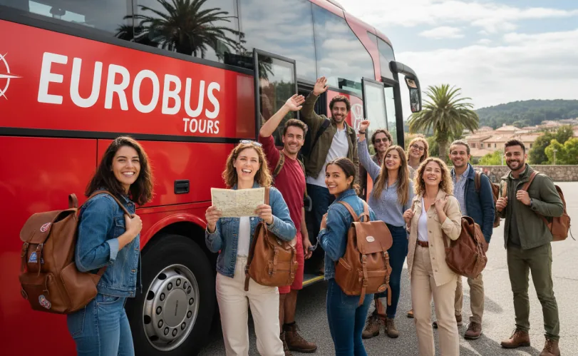 A cheerful group of travellers with rucksacks stands in front of a red EUROBUS coach