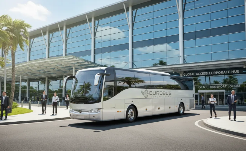 A coach stops in front of a glass building with palm trees