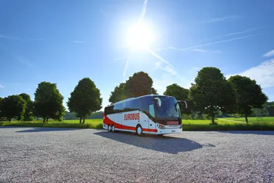 A EUROBUS Comfort coach drives past a row of trees