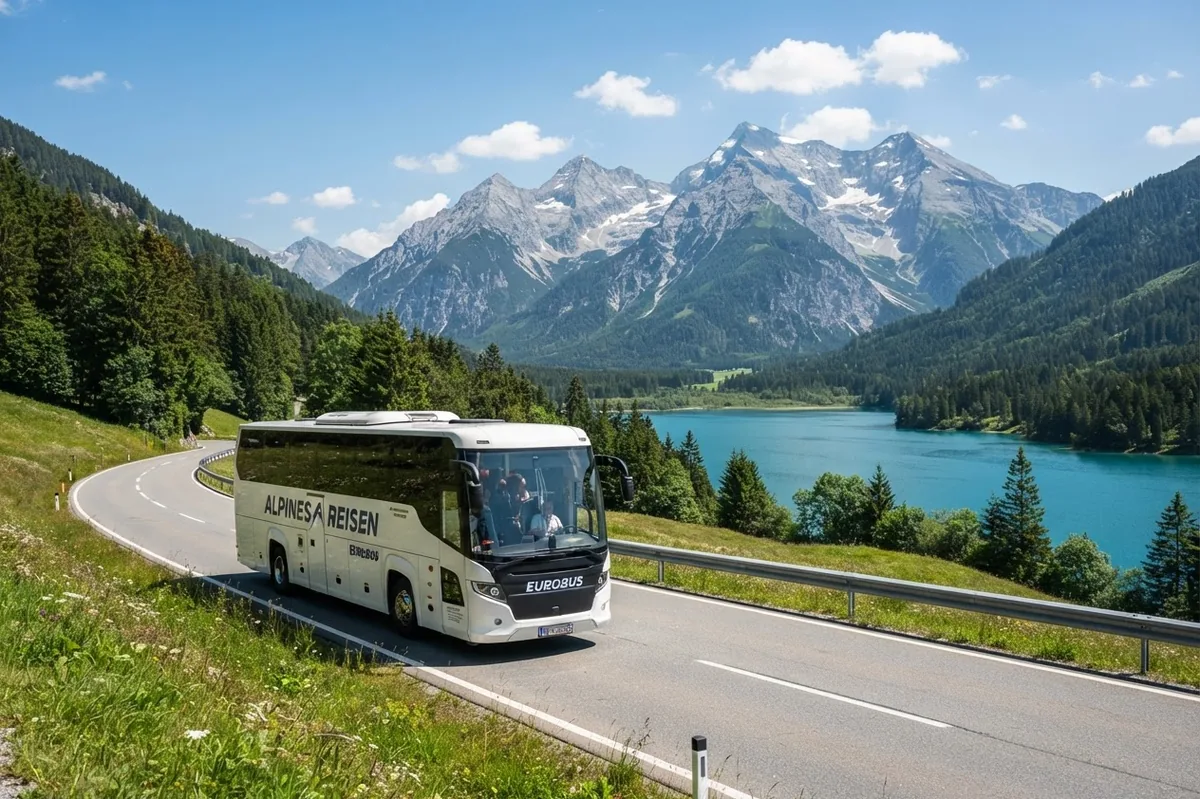 A coach drives along a mountain road past a turquoise lake
