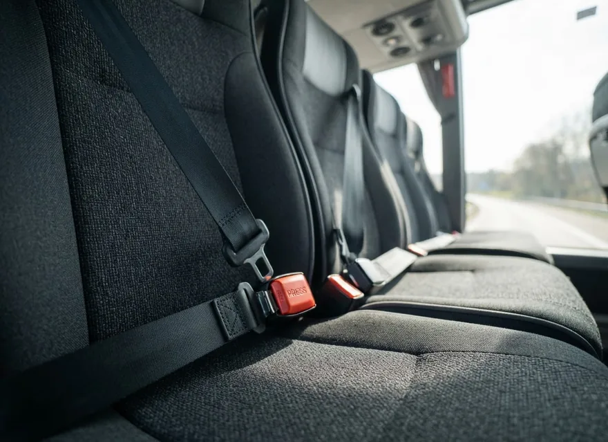 Coach seats with seat belts and red belt buckles