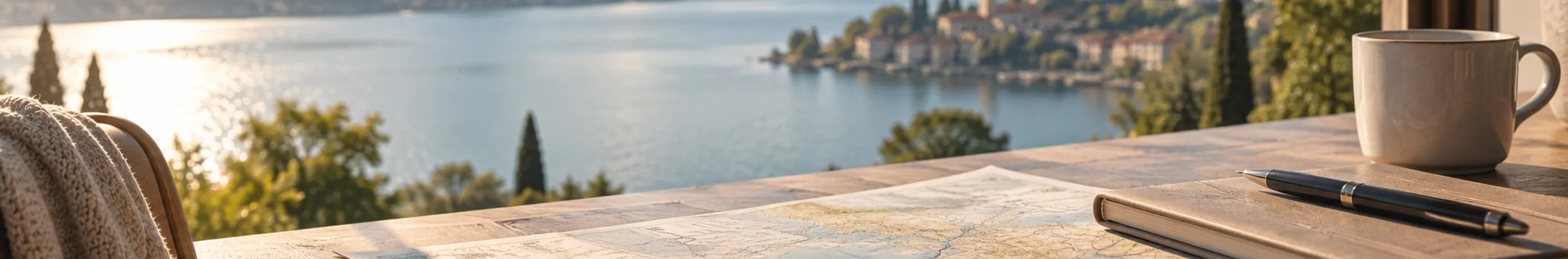 Vista da una terrazza su un lago, sul tavolo una tazza e un taccuino