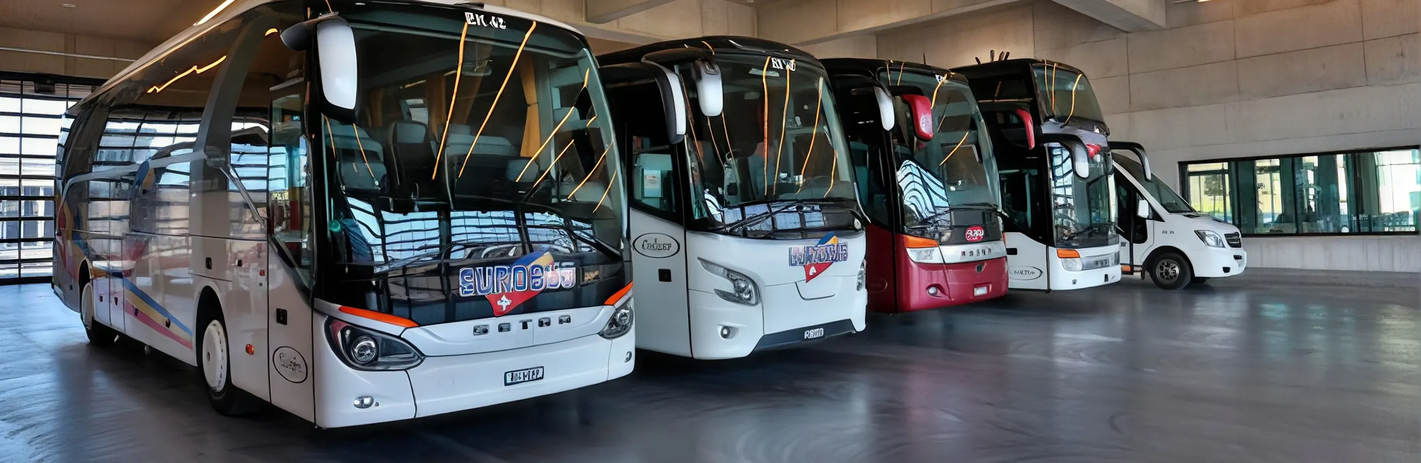 Several coaches parked side by side in a hall