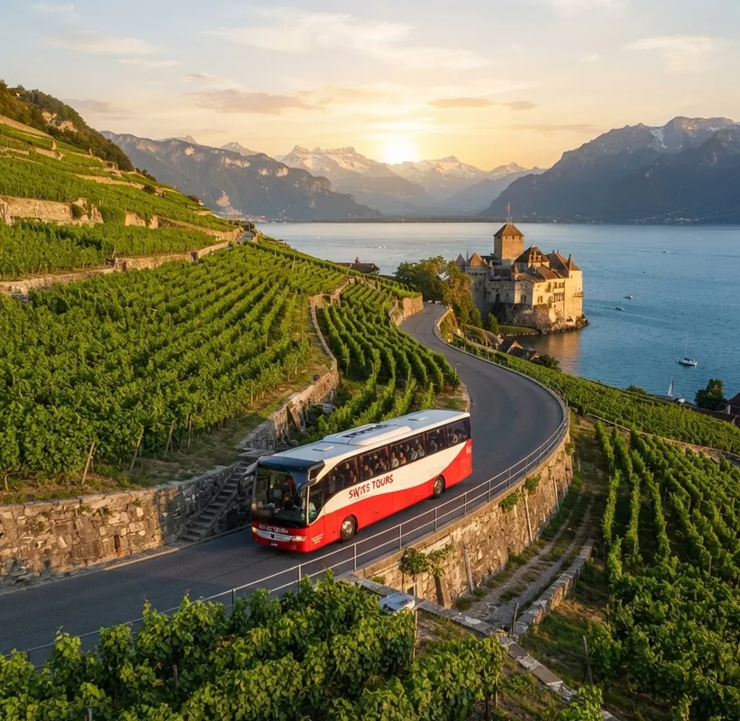 Un autocar traverse des vignes en terrasses au bord du lac, un château à l’arrière-plan