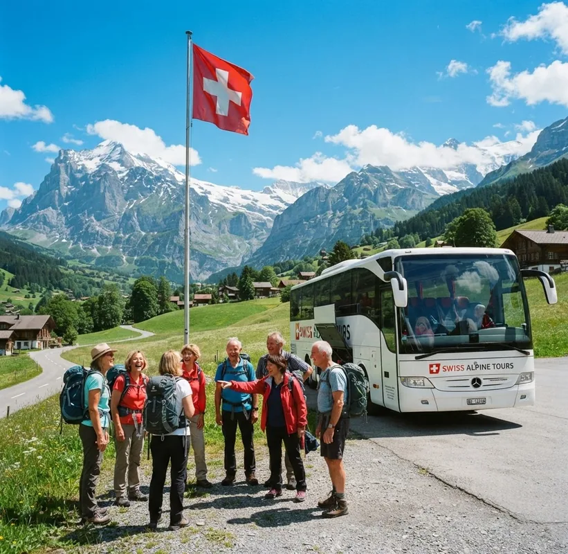 Un groupe de randonneurs devant un autocar dans une vallée de montagne, à côté flotte le drapeau suisse