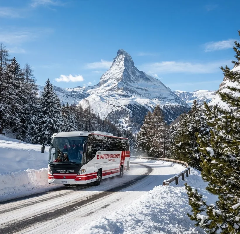 Un autocar sur une route enneigée, le Cervin à l’arrière-plan