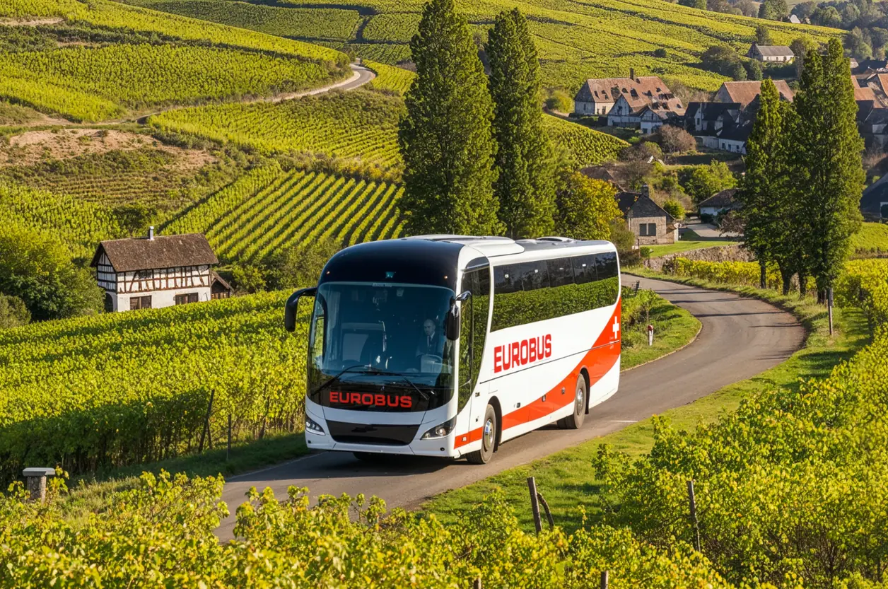 Un autocar EUROBUS traverse des vignobles, un village à l’arrière-plan