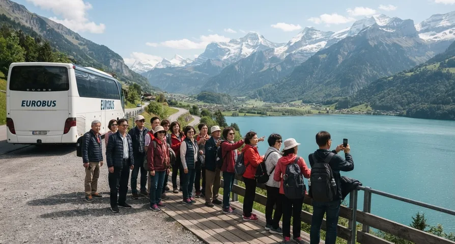 Un groupe de voyageurs photographie la vue à côté d’un car, au bord d’un lac de montagne