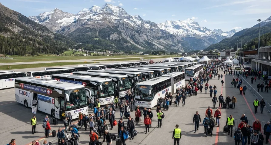 Many coaches and people at an airfield in front of snow-covered mountains