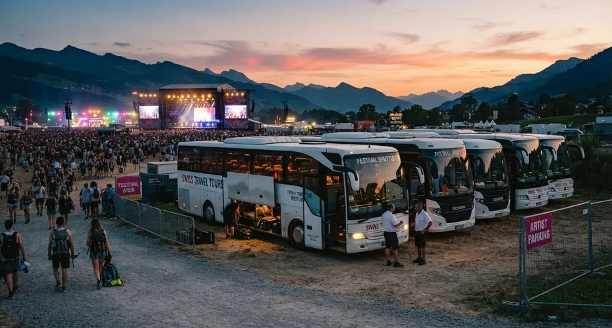Coaches parked at dusk next to a festival site with an illuminated stage