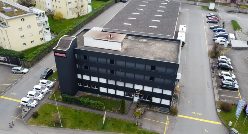 Aerial view of the EUROBUS terminal and bus depot in Arbon
