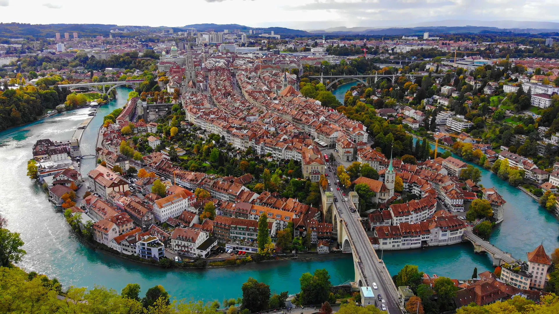 Aerial view of Bern’s old town in the loop of the River Aare