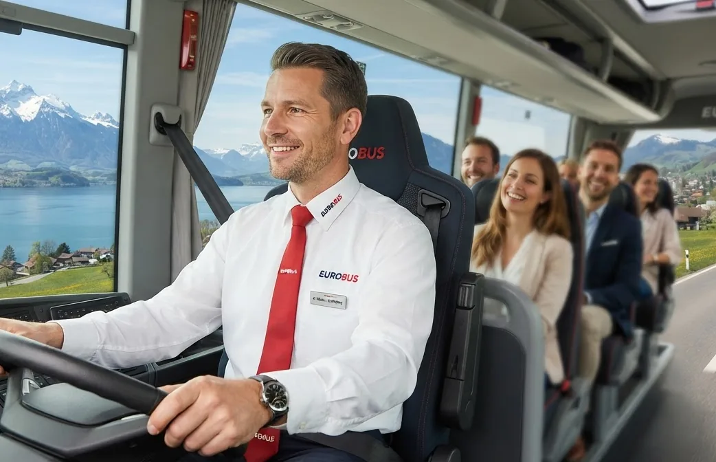 A driver in a white shirt and red tie at the wheel of a coach, smiling passengers behind him