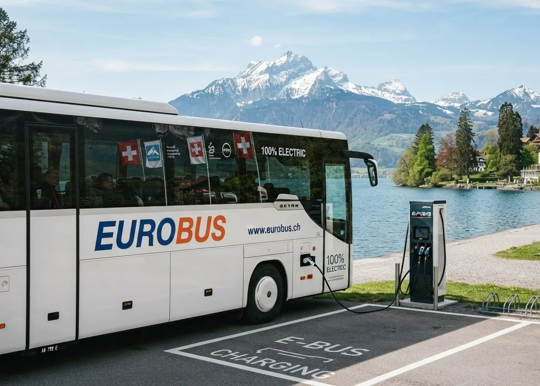 An electric EUROBUS coach charges at a charging point by a mountain lake