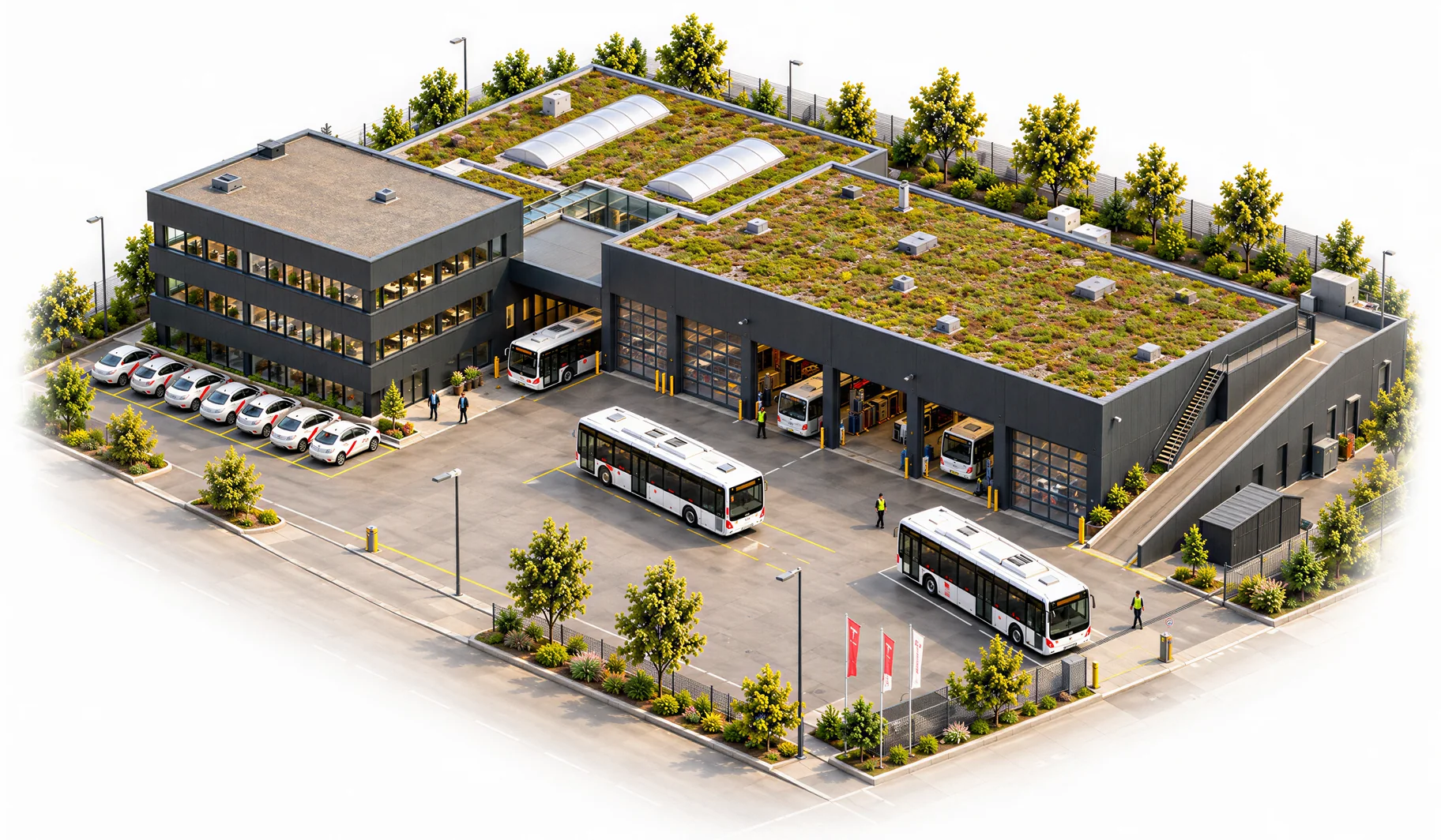 Vista isometrica dell’edificio aziendale con tetto verde, parcheggio e autobus