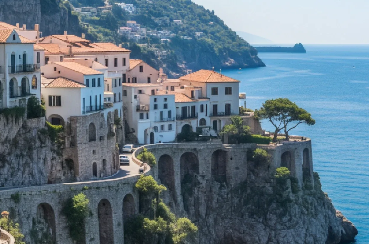 Case su una costa a picco sul mare blu