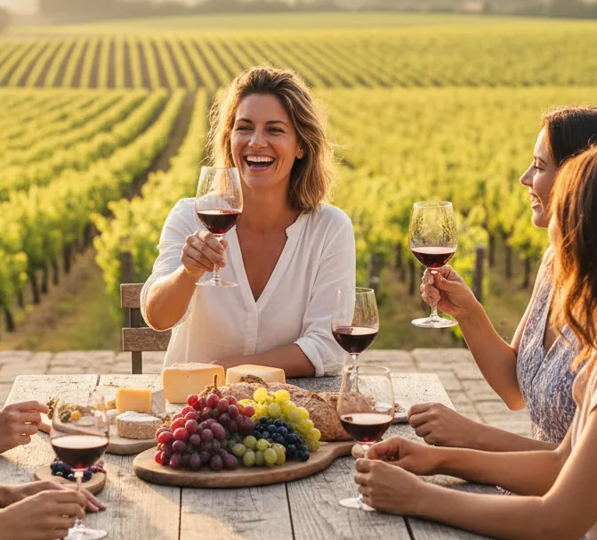 Claudia Meier stösst mit Gästen in den Weinbergen an
