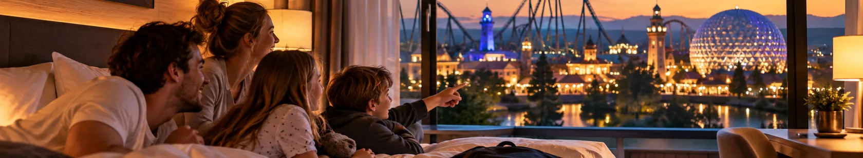 Una famiglia sdraiata sul letto dell’hotel guarda dalla finestra il parco divertimenti illuminato