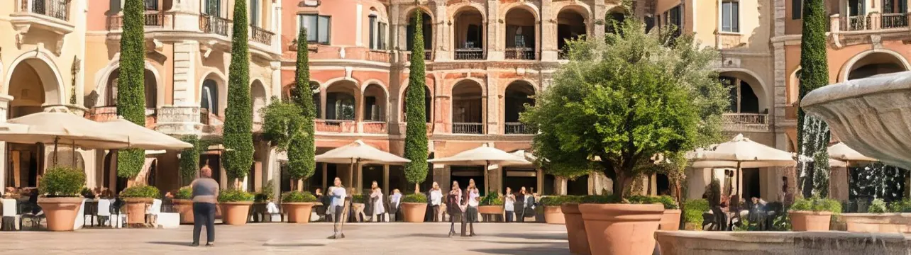 La piazza dell’hotel con ombrelloni, cipressi e una fontana