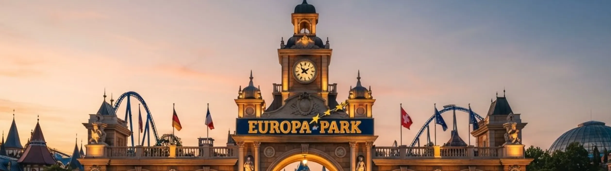 L’ingresso principale di Europa-Park con torre dell’orologio e bandiere nella luce della sera