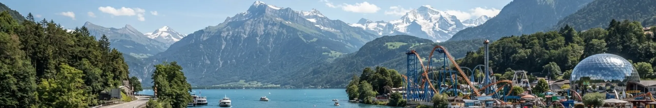 Ein See mit Bergen, am Ufer die Achterbahnen und die Kuppel des Europa-Parks