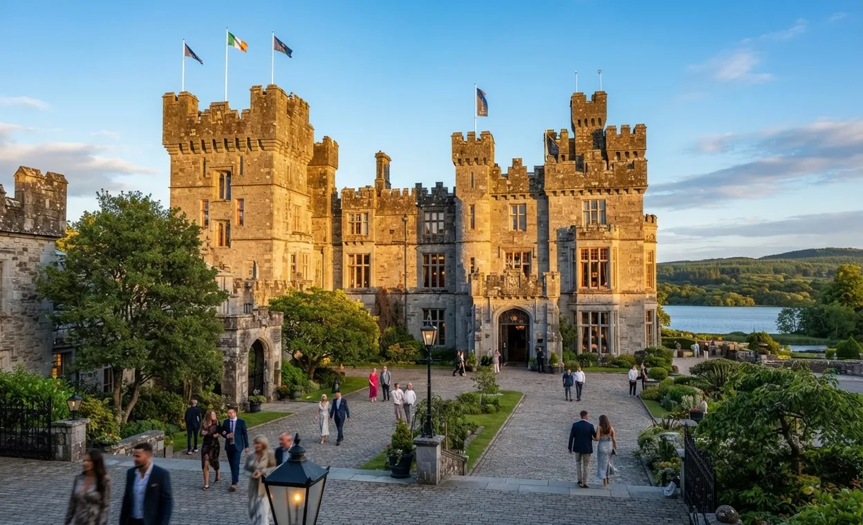 Un hotel in stile castello nella luce della sera, davanti un sentiero con persone a passeggio