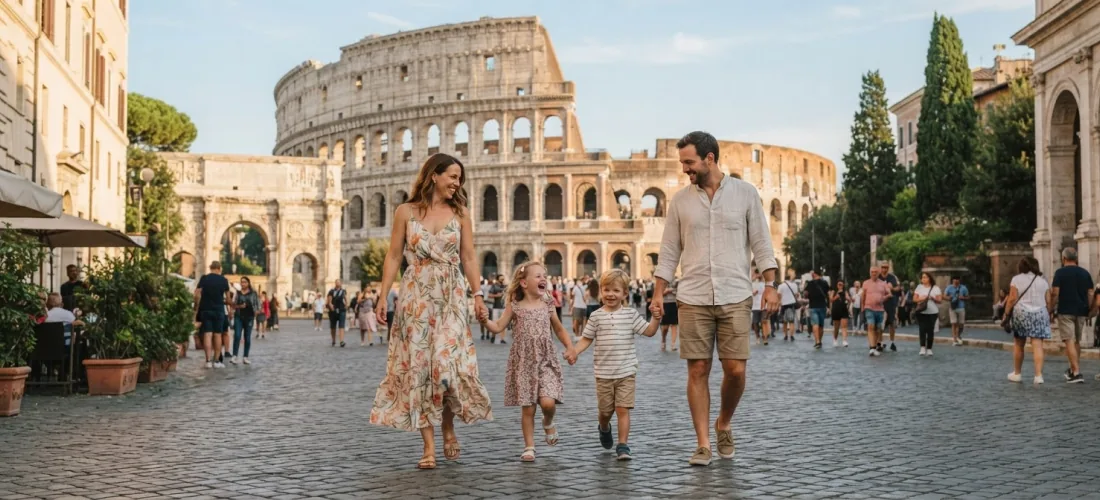 Una famiglia passeggia su una piazza davanti a un edificio simile al Colosseo