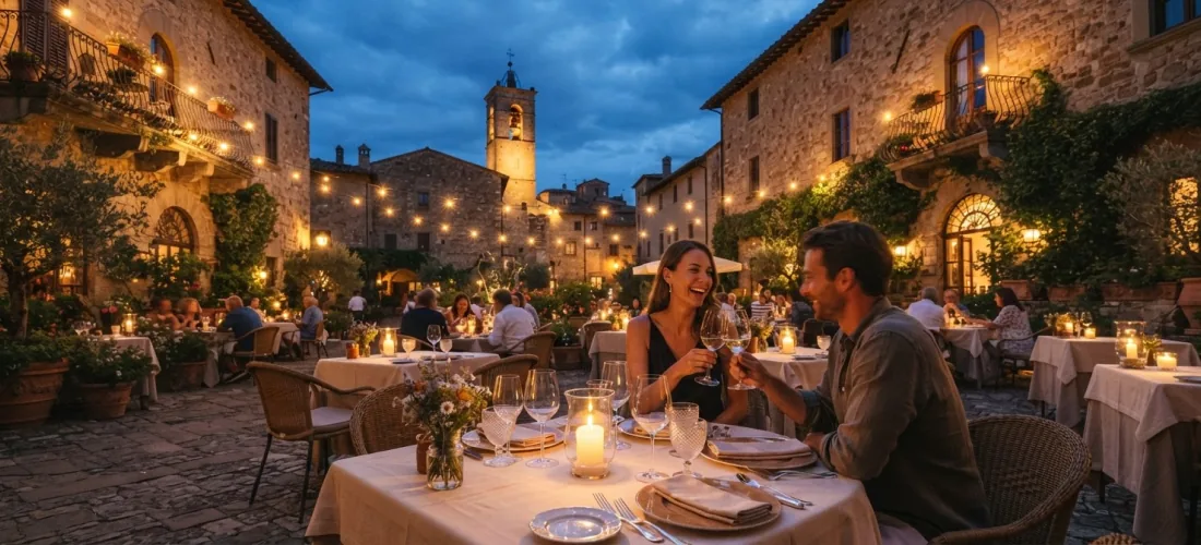 Una coppia seduta la sera a un tavolo apparecchiato su una piazza illuminata da catene di luci