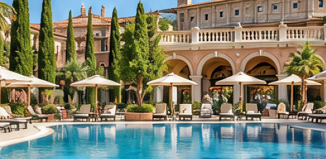 La piscina dell’hotel con lettini e ombrelloni davanti a portici e cipressi