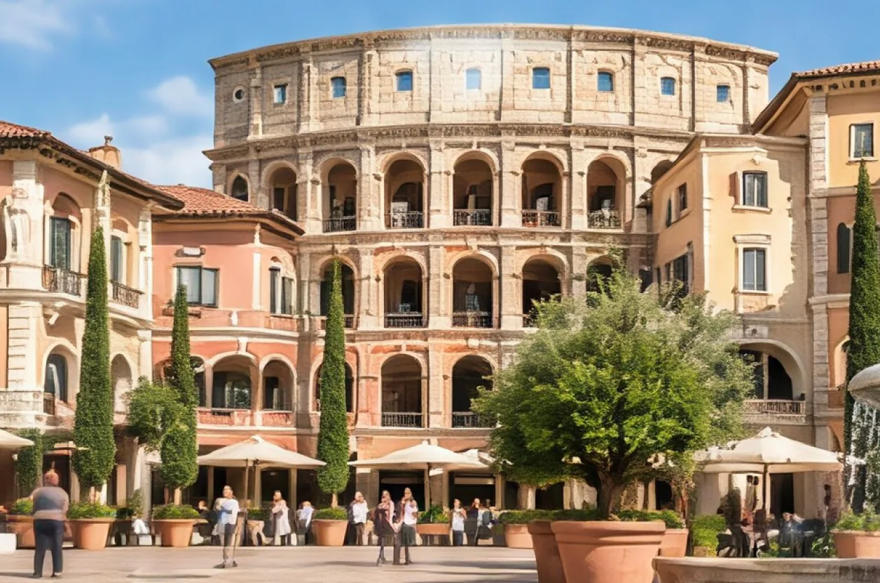 Un hotel in stile italiano con un edificio rotondo simile al Colosseo, davanti una piazza con ombrelloni