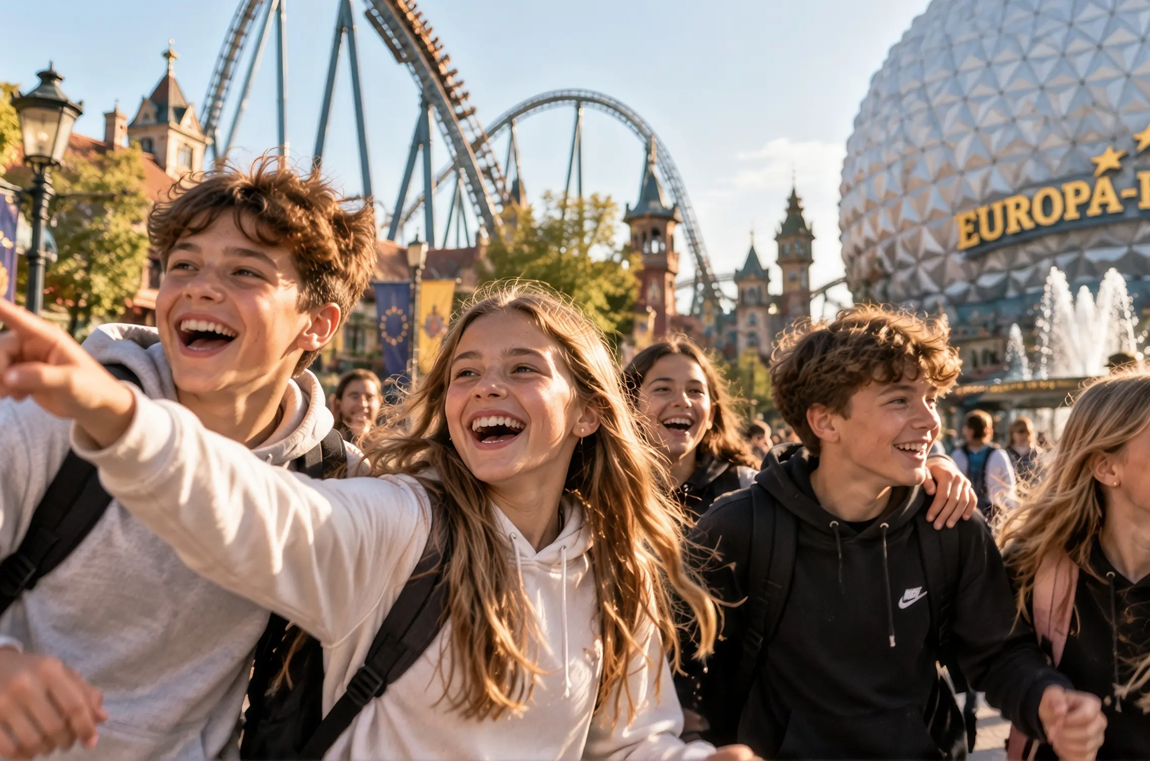 Ragazzi corrono ridendo attraverso Europa-Park, sullo sfondo una montagna russa