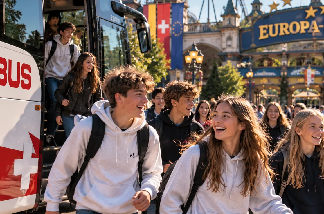 Allieve e allievi scendono da un pullman EUROBUS davanti all’ingresso di Europa-Park