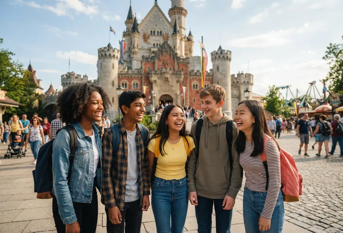 Five young people with rucksacks standing laughing in front of a fairy-tale castle