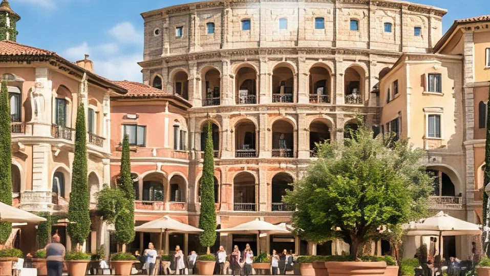An Italian-style hotel with a round building like the Colosseum, with a piazza and parasols in front