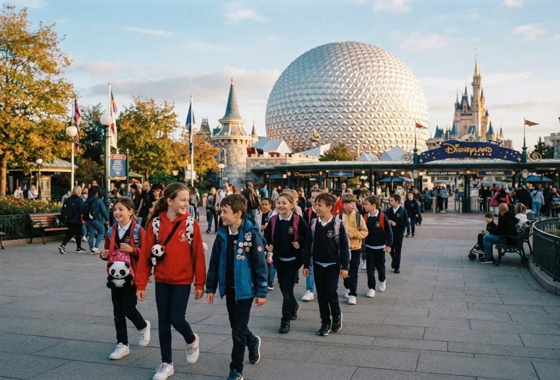 A school class walking across a square, with a large sphere and a castle in the background