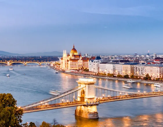 Chain Bridge and Parliament on the Danube in Budapest in the evening