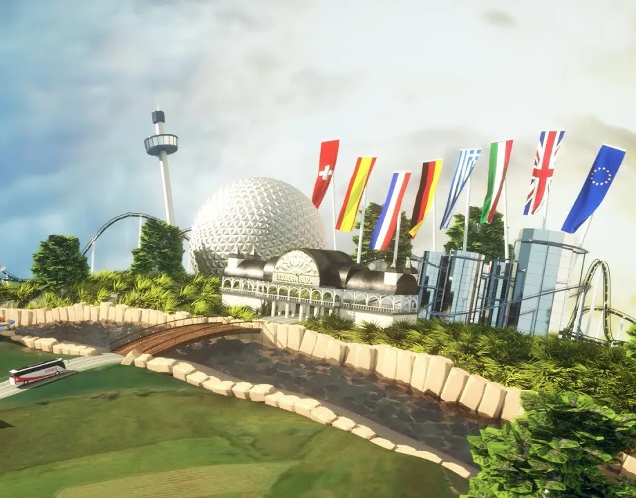 Vue animée d’Europa-Park avec sa sphère, des montagnes russes et des drapeaux