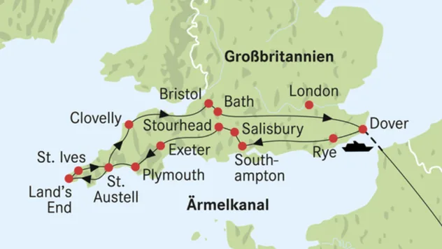 Karte mit der Route von Dover über Salisbury und Bath nach Cornwall bis Land's End